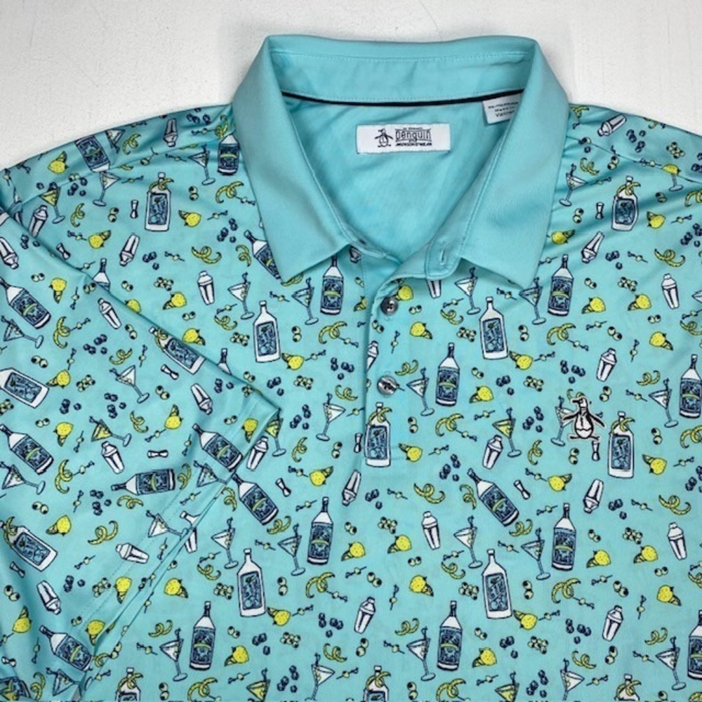 Original Penguin Mens XXL Aqua Blue Cocktail Martini Print Golf Polo Shirt